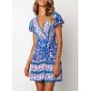 imageZESICA Womens Summer Wrap V Neck Bohemian Floral Print Ruffle Swing A Line Beach Mini DressBlue