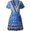 imageZESICA Womens Summer Wrap V Neck Bohemian Floral Print Ruffle Swing A Line Beach Mini DressBlue