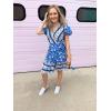 imageZESICA Womens Summer Wrap V Neck Bohemian Floral Print Ruffle Swing A Line Beach Mini DressBlue
