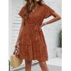 imageZESICA Womens Summer Wrap V Neck Bohemian Floral Print Ruffle Swing A Line Beach Mini DressBrown