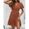 imageZESICA Womens Summer Wrap V Neck Bohemian Floral Print Ruffle Swing A Line Beach Mini DressBrown