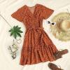 imageZESICA Womens Summer Wrap V Neck Bohemian Floral Print Ruffle Swing A Line Beach Mini DressBrown