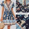 imageZESICA Womens Summer Wrap V Neck Bohemian Floral Print Ruffle Swing A Line Beach Mini DressDarkblue