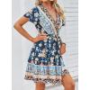 imageZESICA Womens Summer Wrap V Neck Bohemian Floral Print Ruffle Swing A Line Beach Mini DressDarkblue