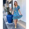 imageZESICA Womens Summer Wrap V Neck Bohemian Floral Print Ruffle Swing A Line Beach Mini DressGreen