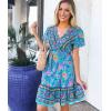 imageZESICA Womens Summer Wrap V Neck Bohemian Floral Print Ruffle Swing A Line Beach Mini DressGreen