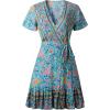 imageZESICA Womens Summer Wrap V Neck Bohemian Floral Print Ruffle Swing A Line Beach Mini DressGreen