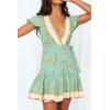 imageZESICA Womens Summer Wrap V Neck Bohemian Floral Print Ruffle Swing A Line Beach Mini DressMint