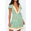 imageZESICA Womens Summer Wrap V Neck Bohemian Floral Print Ruffle Swing A Line Beach Mini DressMint