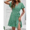 imageZESICA Womens Summer Wrap V Neck Bohemian Floral Print Ruffle Swing A Line Beach Mini DressPalegreen