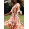 imageZESICA Womens Summer Wrap V Neck Bohemian Floral Print Ruffle Swing A Line Beach Mini DressPeach