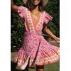 imageZESICA Womens Summer Wrap V Neck Bohemian Floral Print Ruffle Swing A Line Beach Mini DressPinkpurple