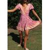 imageZESICA Womens Summer Wrap V Neck Bohemian Floral Print Ruffle Swing A Line Beach Mini DressPinkpurple
