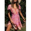 imageZESICA Womens Summer Wrap V Neck Bohemian Floral Print Ruffle Swing A Line Beach Mini DressPinkpurple