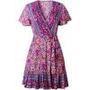 imageZESICA Womens Summer Wrap V Neck Bohemian Floral Print Ruffle Swing A Line Beach Mini DressPurple