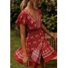 imageZESICA Womens Summer Wrap V Neck Bohemian Floral Print Ruffle Swing A Line Beach Mini DressRed2