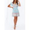 imageZESICA Womens Summer Wrap V Neck Bohemian Floral Print Ruffle Swing A Line Beach Mini DressSkyblue