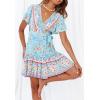 imageZESICA Womens Summer Wrap V Neck Bohemian Floral Print Ruffle Swing A Line Beach Mini DressSkyblue