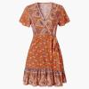 imageZESICA Womens Summer Wrap V Neck Bohemian Floral Print Ruffle Swing A Line Beach Mini DressTangerine