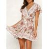 imageZESICA Womens Summer Wrap V Neck Bohemian Floral Print Ruffle Swing A Line Beach Mini DressWhite