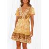 imageZESICA Womens Summer Wrap V Neck Bohemian Floral Print Ruffle Swing A Line Beach Mini DressYellow