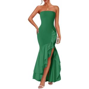 imageZESICA Womens 2025 Summer Strapless Bodycon Maxi Dress Ribbed Sexy High Split Mermaid Prom Party DressesDarkgreen