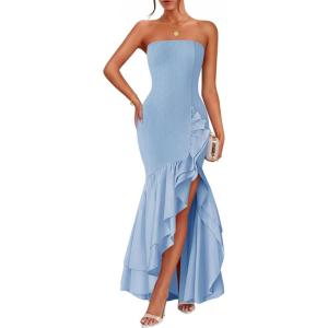 imageZESICA Womens 2025 Summer Strapless Bodycon Maxi Dress Ribbed Sexy High Split Mermaid Prom Party DressesLightblue