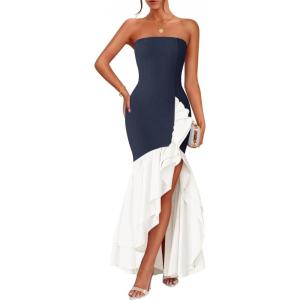 imageZESICA Womens 2025 Summer Strapless Bodycon Maxi Dress Ribbed Sexy High Split Mermaid Prom Party DressesNavy