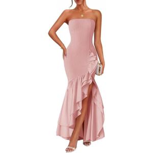 imageZESICA Womens 2025 Summer Strapless Bodycon Maxi Dress Ribbed Sexy High Split Mermaid Prom Party DressesPink