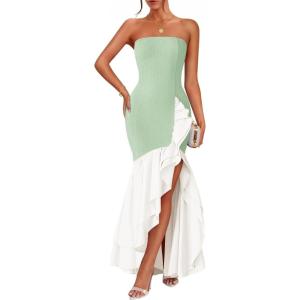 imageZESICA Womens 2025 Summer Strapless Bodycon Maxi Dress Ribbed Sexy High Split Mermaid Prom Party DressesSage