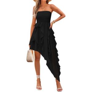 imageZESICA Womens 2025 Summer Strapless Mini Dress Off Shoulder Smocked Tiered Ruffle Beach Vacation Tube SundressBlack