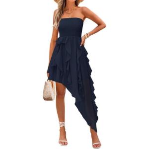 imageZESICA Womens 2025 Summer Strapless Mini Dress Off Shoulder Smocked Tiered Ruffle Beach Vacation Tube SundressNavy