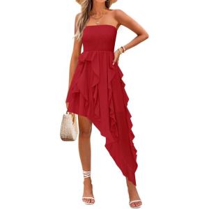 imageZESICA Womens 2025 Summer Strapless Mini Dress Off Shoulder Smocked Tiered Ruffle Beach Vacation Tube SundressRed