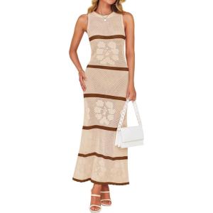 imageZESICA Womens Crochet Hollow Out Dress 2025 Summer Sleeveless Striped Coverup Sundress Beach Long Maxi DressesBeige