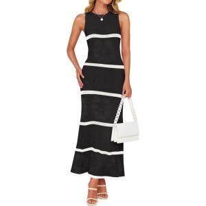 imageZESICA Womens Crochet Hollow Out Dress 2025 Summer Sleeveless Striped Coverup Sundress Beach Long Maxi DressesBlack