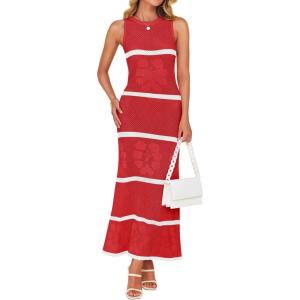 imageZESICA Womens Crochet Hollow Out Dress 2025 Summer Sleeveless Striped Coverup Sundress Beach Long Maxi DressesCoral Red
