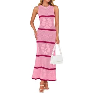 imageZESICA Womens Crochet Hollow Out Dress 2025 Summer Sleeveless Striped Coverup Sundress Beach Long Maxi DressesPink