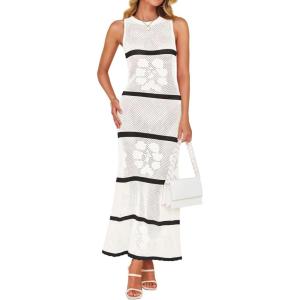 imageZESICA Womens Crochet Hollow Out Dress 2025 Summer Sleeveless Striped Coverup Sundress Beach Long Maxi DressesWhite