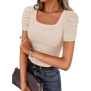 imageZESICA Womens Short Sleeve Square Neck T Shirts 2025 Summer Slim Fit Casual Basic Business Work Tee TopsBeige