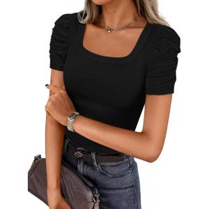 imageZESICA Womens Short Sleeve Square Neck T Shirts 2025 Summer Slim Fit Casual Basic Business Work Tee TopsBlack