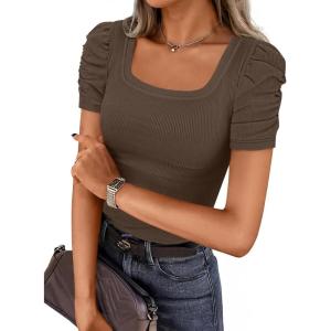 imageZESICA Womens Short Sleeve Square Neck T Shirts 2025 Summer Slim Fit Casual Basic Business Work Tee TopsBrown