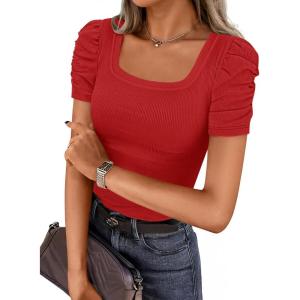 imageZESICA Womens Short Sleeve Square Neck T Shirts 2025 Summer Slim Fit Casual Basic Business Work Tee TopsRed
