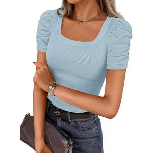 imageZESICA Womens Short Sleeve Square Neck T Shirts 2025 Summer Slim Fit Casual Basic Business Work Tee TopsSkyblue