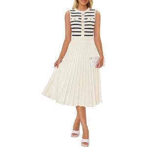 imageZESICA Womens Sleeveless Striped Midi Dress Summer Crewneck Button Knit Swing Pleated A Line Casual DressesBeige