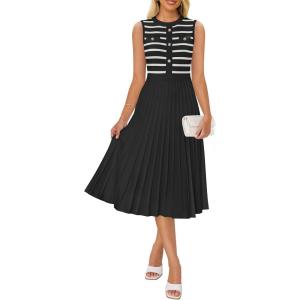 imageZESICA Womens Sleeveless Striped Midi Dress Summer Crewneck Button Knit Swing Pleated A Line Casual DressesBlack