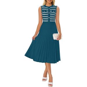 imageZESICA Womens Sleeveless Striped Midi Dress Summer Crewneck Button Knit Swing Pleated A Line Casual DressesBlue