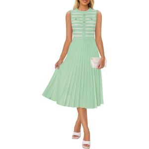 imageZESICA Womens Sleeveless Striped Midi Dress Summer Crewneck Button Knit Swing Pleated A Line Casual DressesGreen