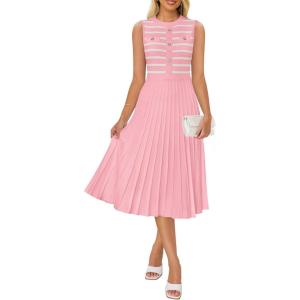 imageZESICA Womens Sleeveless Striped Midi Dress Summer Crewneck Button Knit Swing Pleated A Line Casual DressesPink