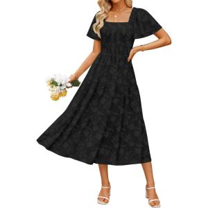 imageZESICA Womens Summer Boho Floral Midi Dresses 2025 Casual Short Sleeve Square Neck Flowy Beach Vacation Long DressBlack