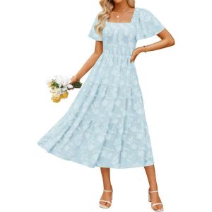 imageZESICA Womens Summer Boho Floral Midi Dresses 2025 Casual Short Sleeve Square Neck Flowy Beach Vacation Long DressBlue